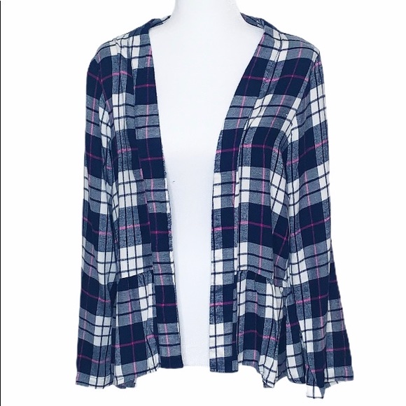 Est, 1946 Sweaters - Plaid Flannel Open Front Ruffle Cardigan Sz M